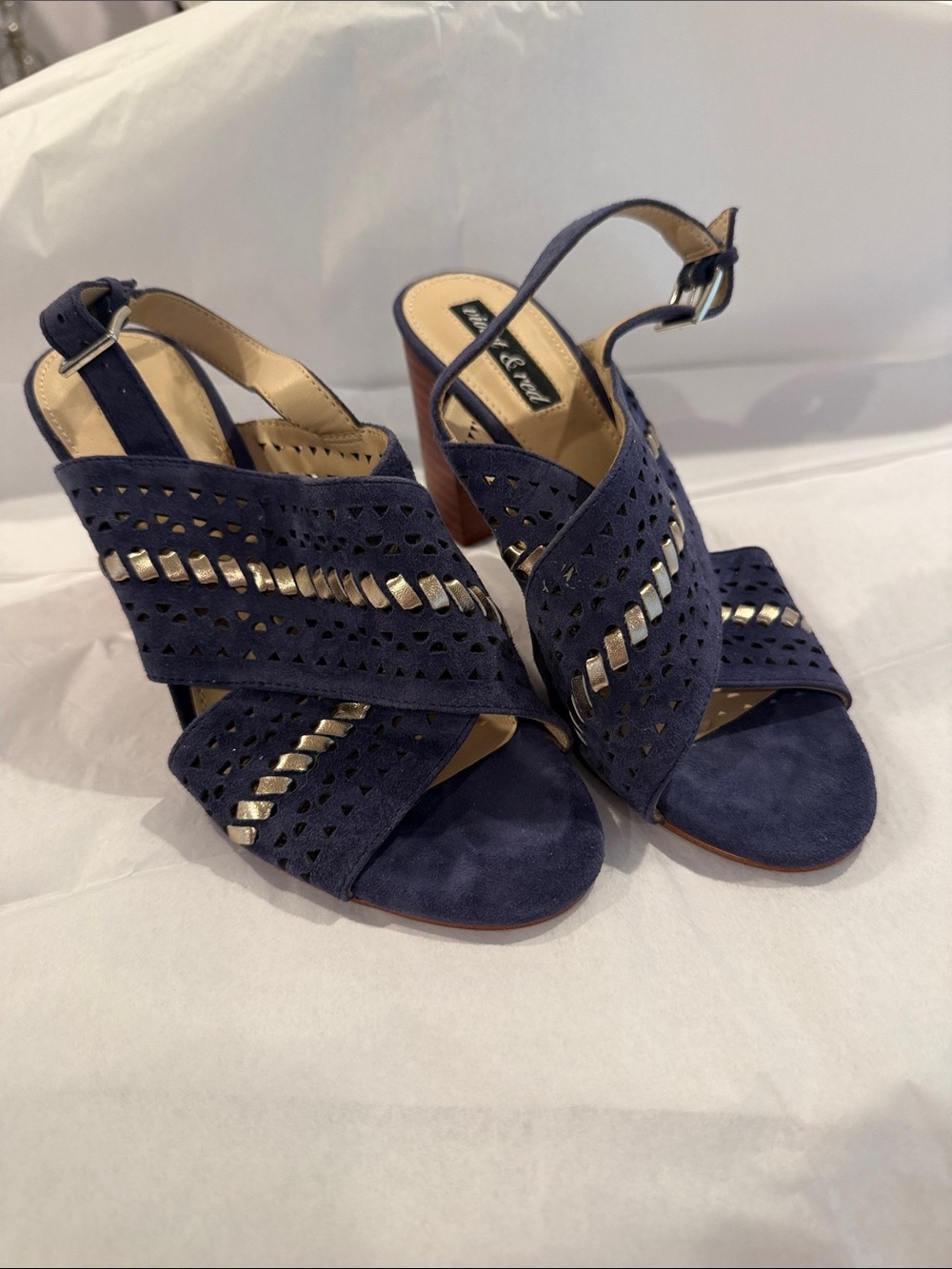 Slingback Cutout Heels in Navy with Metallic Trim